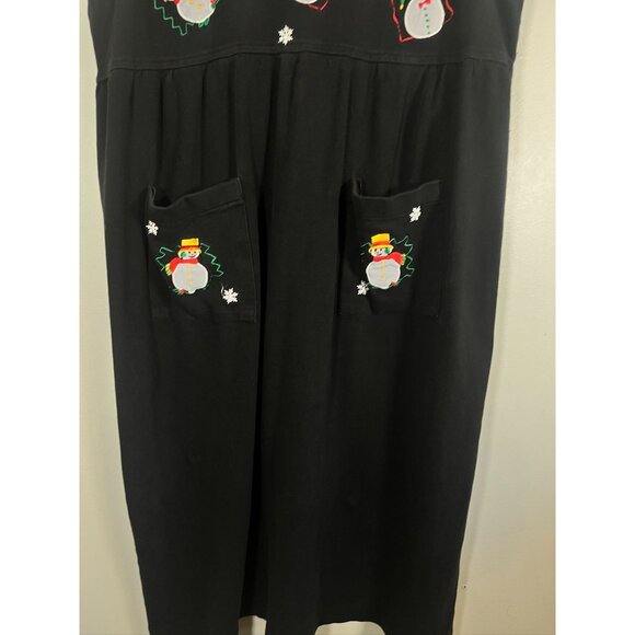 Vintage Christmas Tank Maxi Dress Snowman PL Black Festive Holiday Classic 80s - Picture 3 of 11